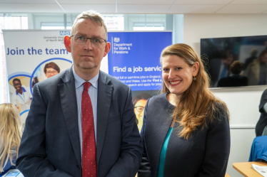 Theo Clarke MP and Pensions Minister Paul Maynard attending the Stafford Jobs Fair 